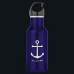 Bouteille D'eau Ancre bleue marine et nom personnalisé<br><div class="desc">Bouteille d'eau nautique minimaliste moderne avec ancre blanche avec nom personnalisé en blanc moderne sans serif style police sur bouteille d'eau bleu marine. Parfait comme cadeau d'été pour lui et plus.</div>