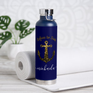 Bouteille D'eau Ancre Gold scintille marine bleu Nom personnalisé