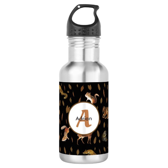 Bouteille D'eau Animaux de forêt d'automne Feuilles d'automne Mono (Devant)