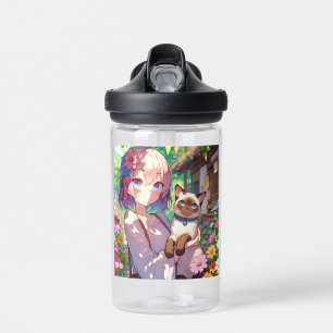 Bouteille D'eau Anime Girl et chat siamois Personnalisé