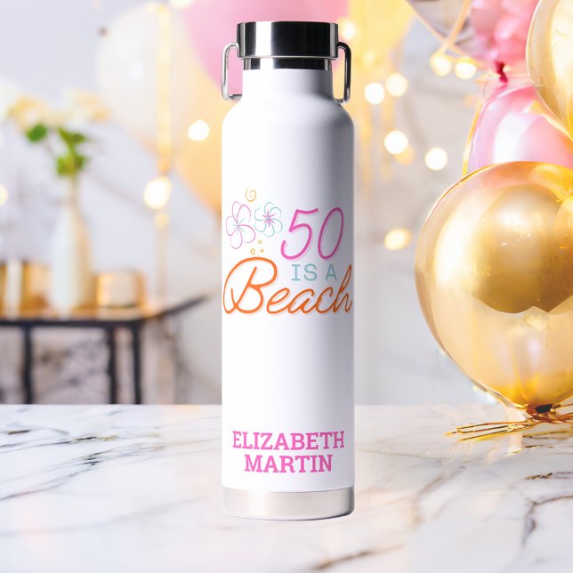 Bouteille D'eau Anniversaire de 50 ans à la plage doodle dessiné à (Créateur téléchargé)
