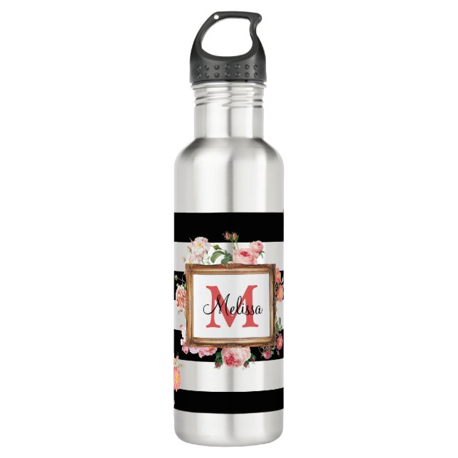 Bouteille D'eau Antique Vintage Floral & Stripes Monogramme (Devant)