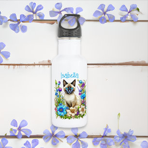 Bouteille D'eau Aquarelle Ai personnalisée Chat siamois en Fleurs