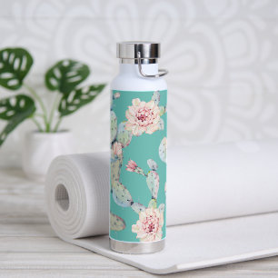 Bouteille D'eau Aquarelle Cactus avec Fleurs Moderne Turquoise