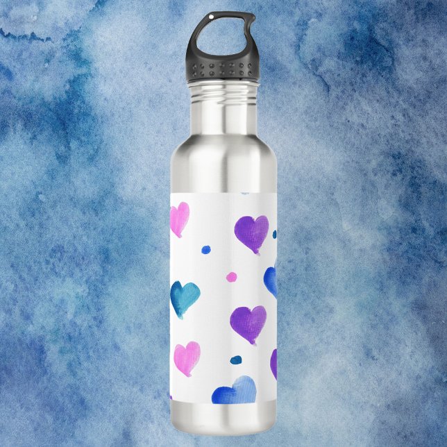 Bouteille D'eau Aquarelle Coeurs Motif en rose violet bleu (A water bottle with a cute heart watercolor pattern done in pink, blue and purple)