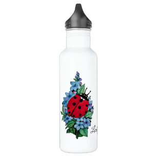 Bouteille D'eau Aquarelle Cute Ladybird Avec Fleurs Bleues Sauvage