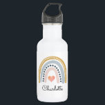 Bouteille D'eau Aquarelle de l'enfant Arc-en-ciel<br><div class="desc">Une bouteille d'eau boho en acier inoxydable blanc pour enfant cool personnalisée,  avec une moutarde rose et un arc-en-ciel bleu au coeur rose au milieu et personnalisez avec votre nom.</div>