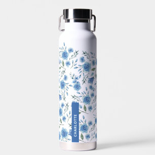 Bouteille D'eau Aquarelle élégante Bleu Motif Floral