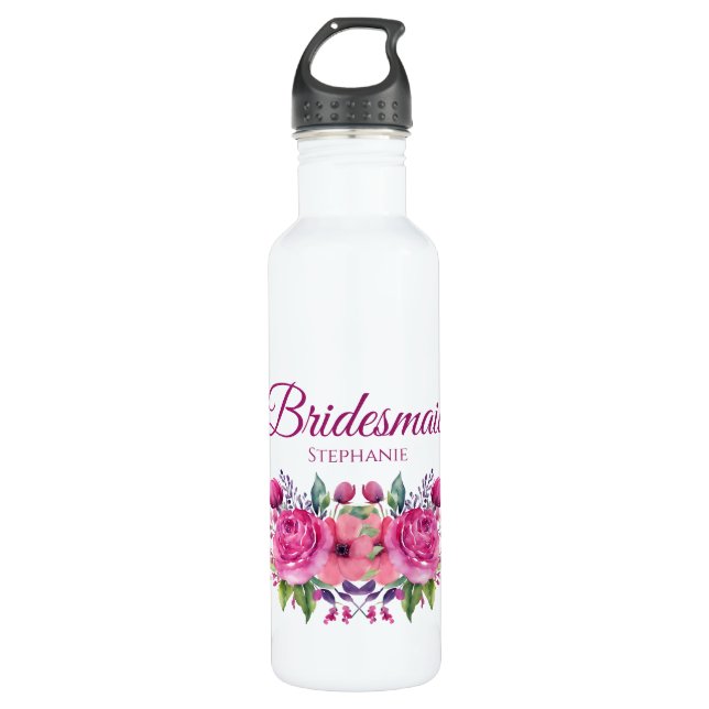 Bouteille D'eau Aquarelle Fleur Rose Bouquet-Bridesmaid cadeau (Devant)