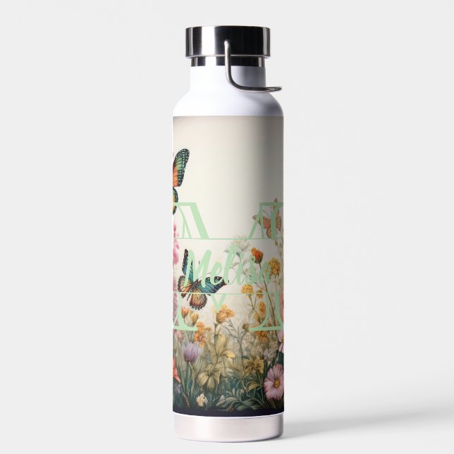 Bouteille D'eau Aquarelle Fleur sauvage Monogramme & Nom (Gauche)