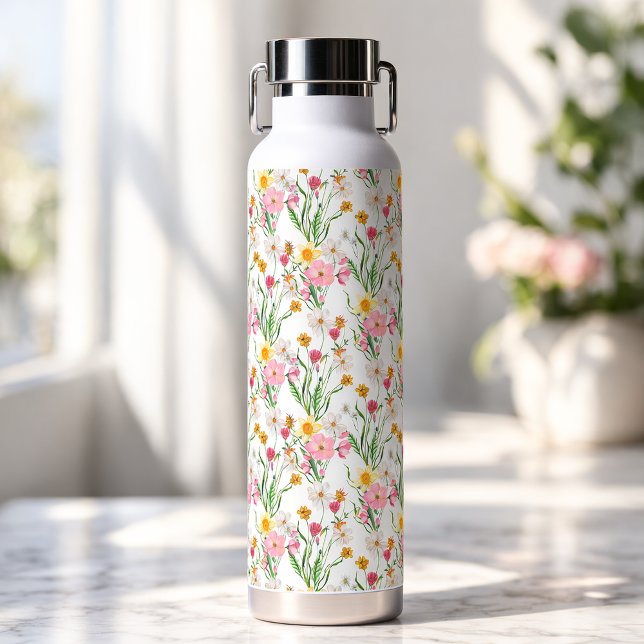 Bouteille D'eau Aquarelle Fleur Sauvage Rose Vert (Pink Green Watercolor Wildflower Floral Water Bottle)