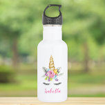 Bouteille D'eau Aquarelle Floral Unicorne Personnalisée Fille<br><div class="desc">Bouteille d'eau à licorne personnalisée pour une fille. Ce joli design présente des fleurs roses,  violettes et bleues d'aquarelle et un visage de licorne.</div>