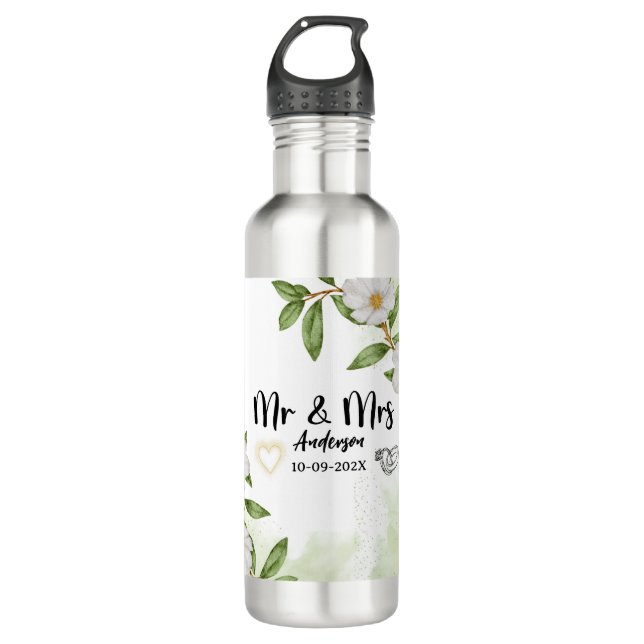 Bouteille D'eau Aquarelle florale blanche et verte moderne (Devant)