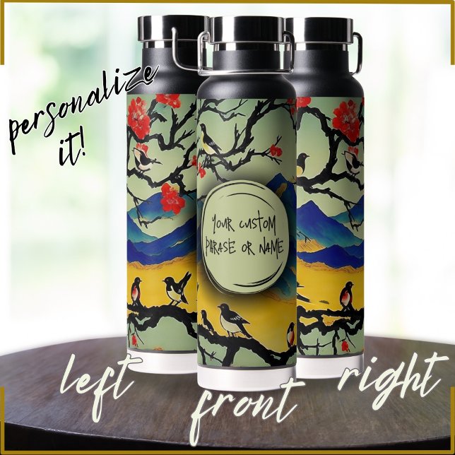 Bouteille D'eau Aquarelle japonaise colorée Nature Scène Oiseaux (Créateur téléchargé)