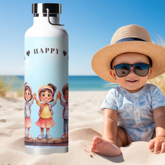 Bouteille D'eau Aquarelle mignonne Joyeux Enfants été (Water bottle featuring a cute watercolor illustration of happy children - teacher - mom - summer)