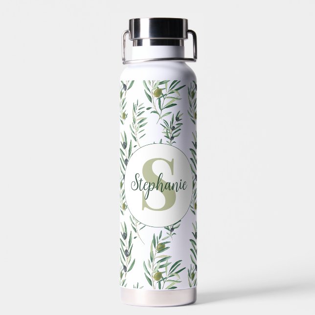 Bouteille D'eau Aquarelle Monogramme Nom Motif Branches d'Olivier (Arrière)