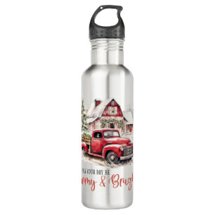 Bouteille D'eau Aquarelle Noël Vintage Camion et grange