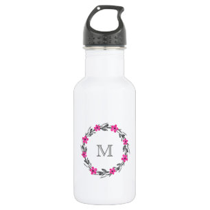 Bouteille D'eau Aquarelle noire rose-chaud - Courbe florale noire