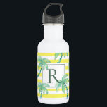 Bouteille D'eau Aquarelle Palmiers et Monogramme rayé jaune<br><div class="desc">Palmiers d'été et rayures motif bouteille monogrammée.</div>