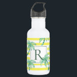 Bouteille D'eau Aquarelle Palmiers et Monogramme rayé jaune<br><div class="desc">Palmiers d'été et rayures motif bouteille monogrammée.</div>