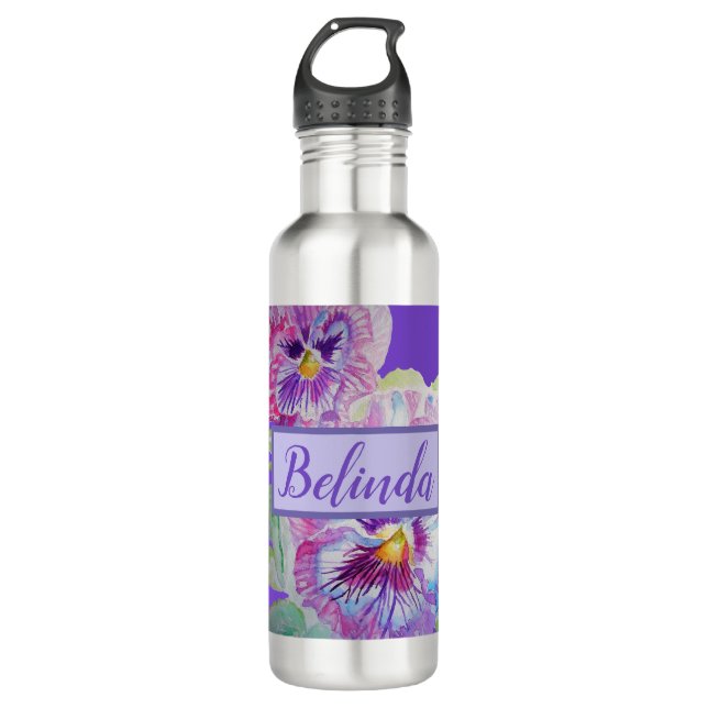 Bouteille D'eau Aquarelle Panseuse Florale Plutôt Violet Fleur (Devant)