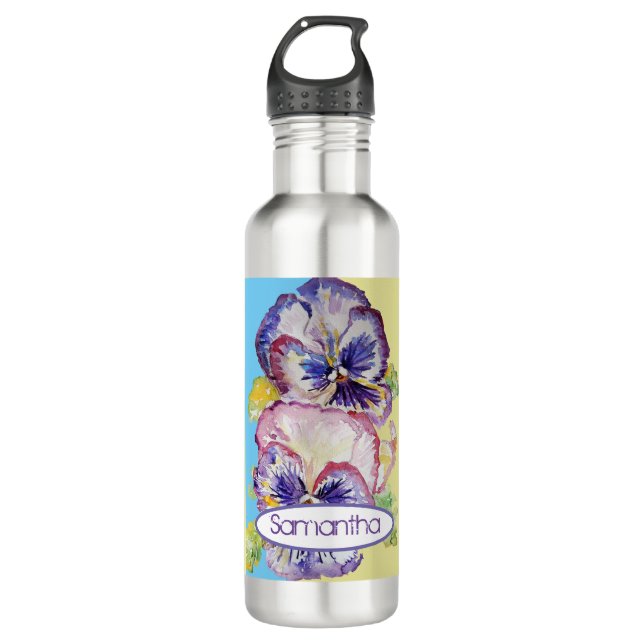 Bouteille D'eau Aquarelle Pansy Motif sur rose et jaune pâle 7 (Devant)