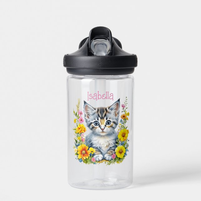 Bouteille D'eau Aquarelle personnalisée en gris chaton et fleurs (Avant)