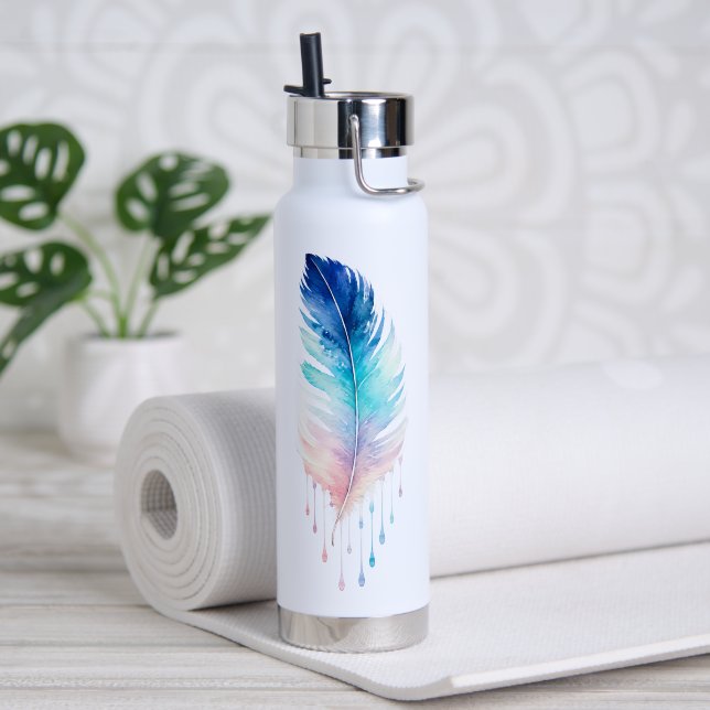 Bouteille D'eau Aquarelle Plume Ombre Bleue (Yoga (pivotée))