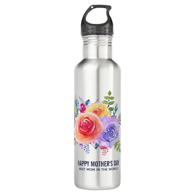 Bouteille D'eau Aquarelle Rose Floral Bouquet Fête des Mères (Devant)