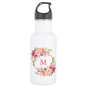 Bouteille D'eau Aquarelle rose Floral or Monogramme