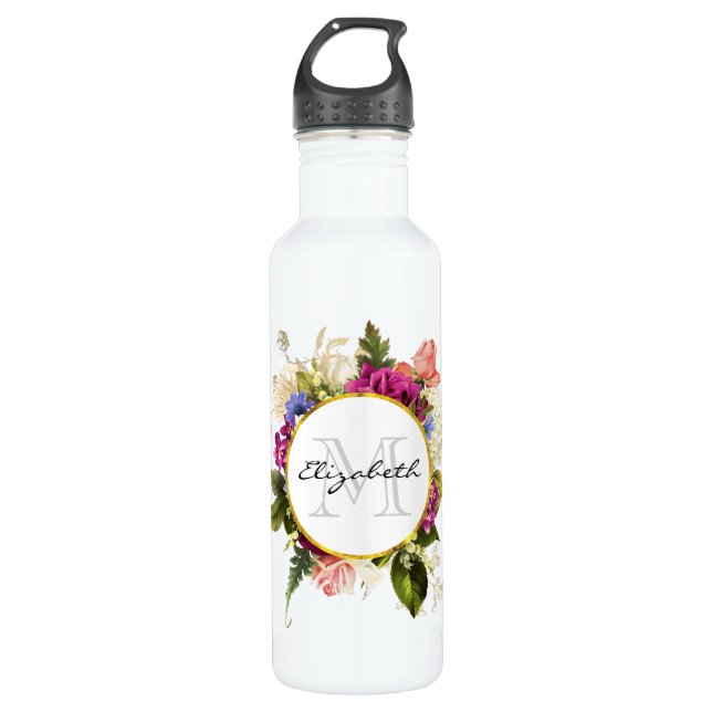 Bouteille D'eau Aquarelle rose moderne Bouquet floral Monogramme (Devant)