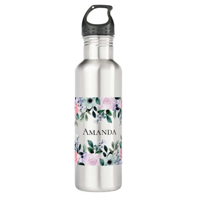 Bouteille D'eau Aquarelle rose violet et verte (Devant)