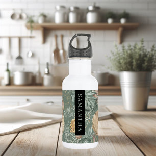 Bouteille D'eau Aquarelle Tropicale Gold & Green Feuille Motif