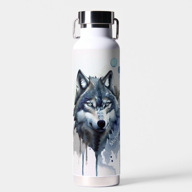 Bouteille D'eau Aquarelle Wolf Head Dusty Blue Monogramme (Avant)