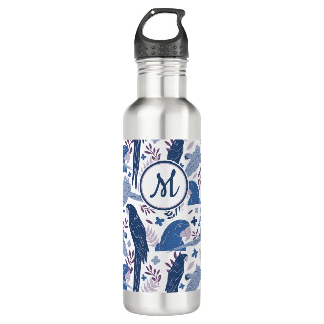 Bouteille D'eau Ara Parrot bleu Tropical Leave Motif Monogramme (Devant)