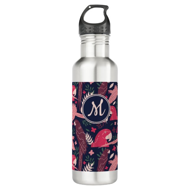 Bouteille D'eau Ara Parrot Rouge Tropical Leave Motif Monogramme (Devant)