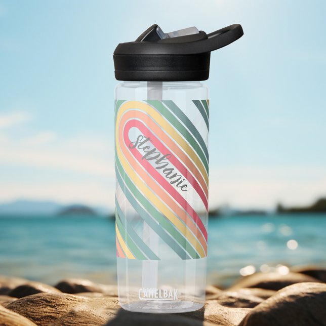 Bouteille D'eau Arc Retro Line Pastel Arc-en-ciel Couleurs Nom du  (Personalized water bottle with retro stripes and your name)
