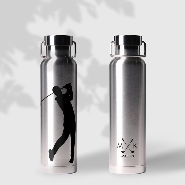 Bouteille D'eau Argent Élégant Avec Noir Monogramme De Golfeur Mod (Créateur téléchargé)