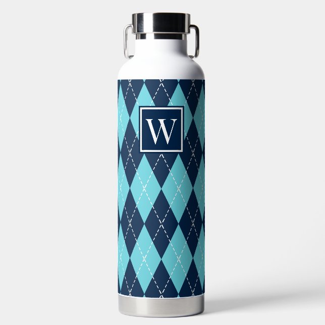 Bouteille D'eau Argyle Brodé Main - Monogramme Turquoise & Nuit (Avant)