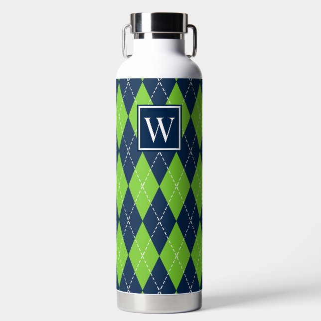 Bouteille D'eau Argyle Brodé Main - Monogramme Vert Citron & Marin (Avant)