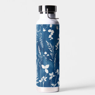 Bouteille D'eau Art botanique de fougère au cyanotype bleu indigo