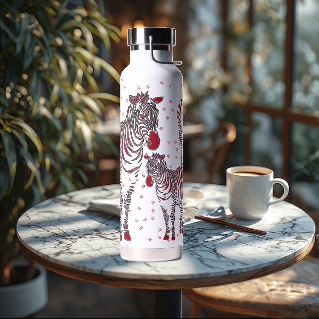 Bouteille D'eau Art moderne Zebras Mère Bébés Red Snowflakes (Modern Art Zebras Mother Babies Red Snowflakes Water Bottle)