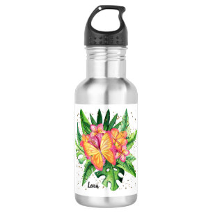 Bouteille d'eau aux fleurs orange et papillon