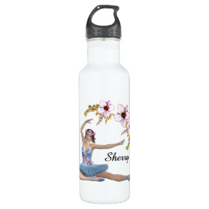Bouteille D'eau Ballerina en bleu Nom personnel Fleurs roses