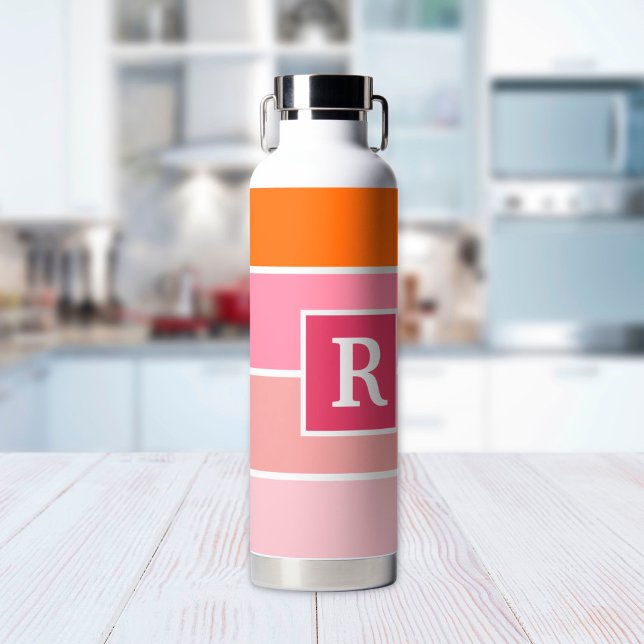 Bouteille D'eau Bandes en rose, blanc et orange avec Monogramme (Créateur téléchargé)