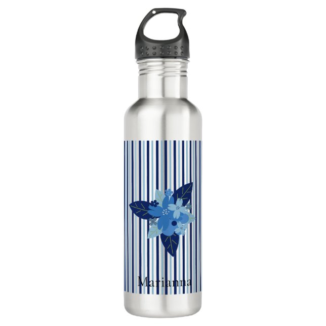 Bouteille D'eau Bandes florales élégantes personnalisées bleu mono (Devant)