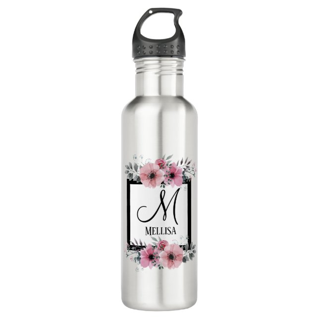 Bouteille D'eau Bandes noires et blanches Monogramme floral rose (Devant)