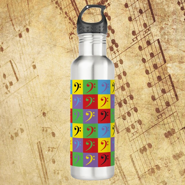 Bouteille D'eau Bass Clef Rainbow Pop Art Motif (A water bottle with a pop art pattern of bass clef symbols.)