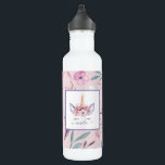 Bouteille D'eau Beau visage de licorne aquarelle fleurie design<br><div class="desc">Beau coloré Unicorn visage aquarelle design floral. Le cadeau parfait pour la fille dans votre vie avec cette belle illustration de licorne aquarelle et l'espace à personnaliser. Partie d'une collection.</div>