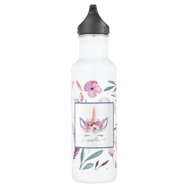 Bouteille D'eau Beau visage de licorne aquarelle fleurie design (Droite)